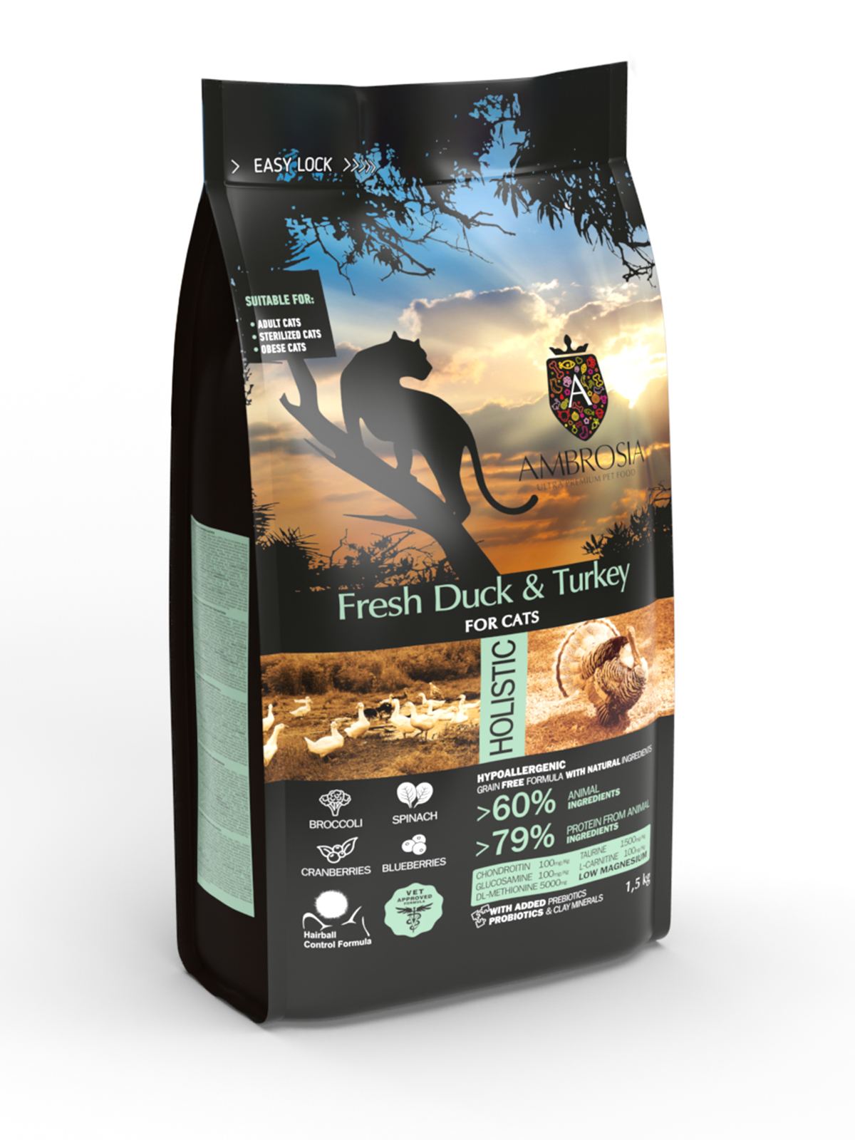 Беззерновий корм Ambrosia Grain free зі свіжою качкою та індичкою для літніх та стерилізованих кішок 1,5кг
