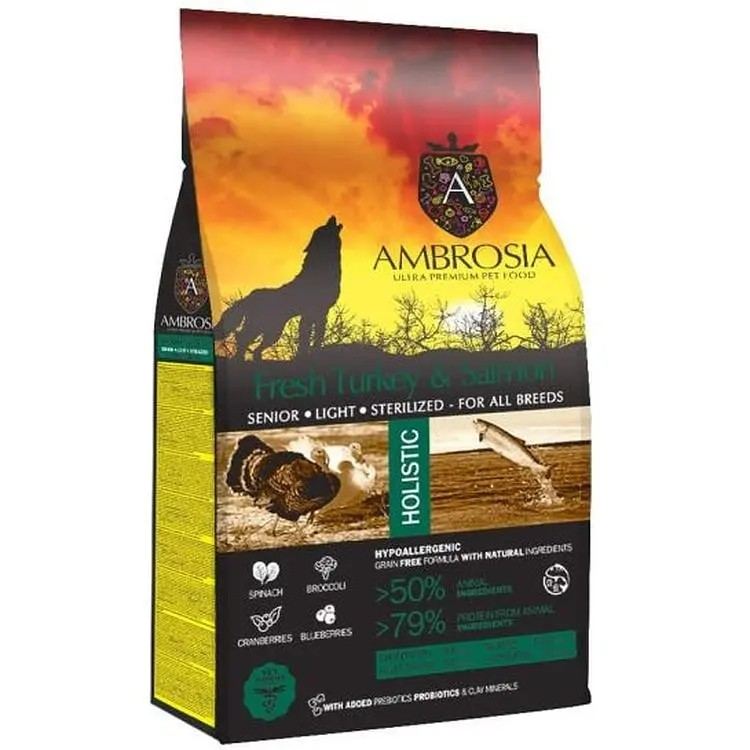 Беззерновий корм Ambrosia Grain free зі свіжою індичкою та лососем для літніх собак усіх порід 12кг