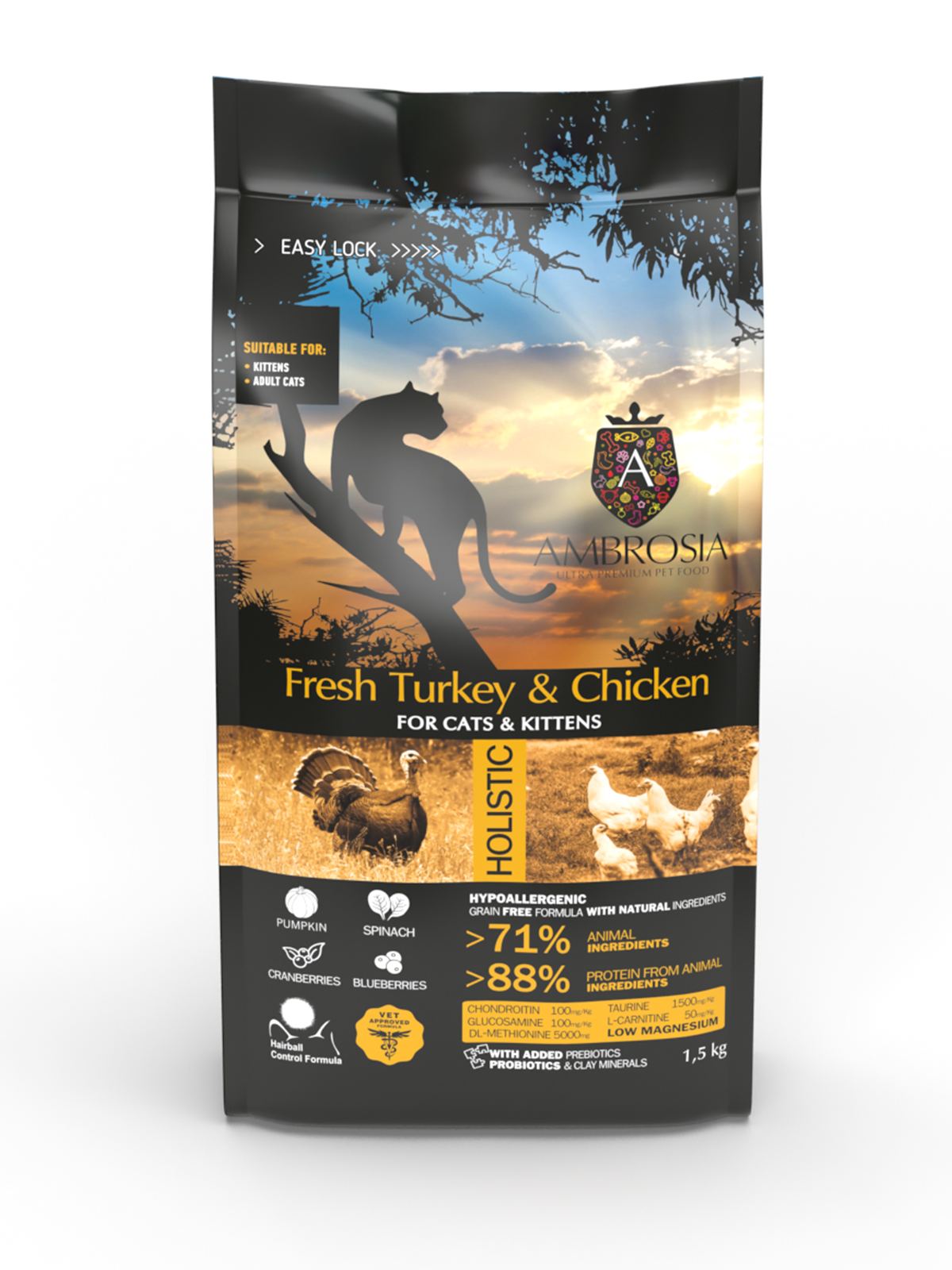 Беззерновий корм Ambrosia Grain free зі свіжою індичкою та куркою для кошенят та дорослих котів 1,5кг