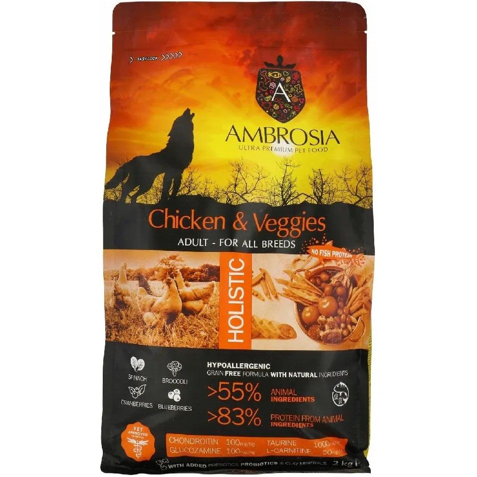 Беззерновий корм Ambrosia Grain free з куркою та овочами для дорослих собак усіх порід 12кг